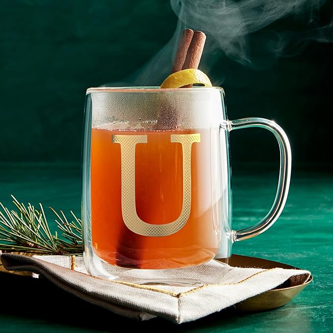 COLLECTIVE HOME - Double Walled Glass Coffee Mugs, Insulated Coffee Mug with Handle, Personalized Gifts for Women, Men, Christmas, 14 oz Monogram Cups (U)