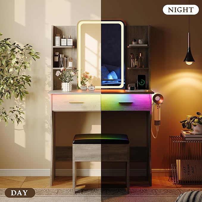 Gray Makeup Vanity Desk with Mirror and Lights, Wood Vanity Table Set with Power Outlet, Dressing Table with 2 Drawer & 4 Storage Shelves, Adjustable RGB Lighting, Includes Chair for Girl’s Bedroom