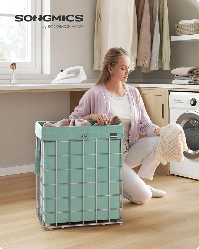 SONGMICS Laundry Hamper, 23.8 Gal. (90L) Laundry Basket, Collapsible Clothes Hamper, Removable and Washable Liner, Metal Wire Frame, for Bedroom Bathroom, Silver and Mint Green ULCB190C01