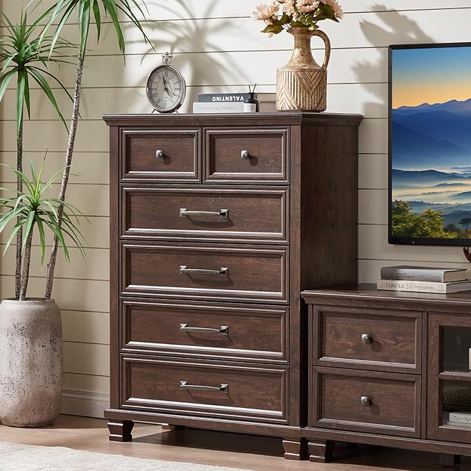 Farmhouse 6 Drawer Dresser for Bedroom, 45 Inch Tall Vintage Wood Chest of Drawers, Rustic Dressers w/Square Wooden Legs, Mid-Century Storage Organizer for Living Room, Hallway, Walnut