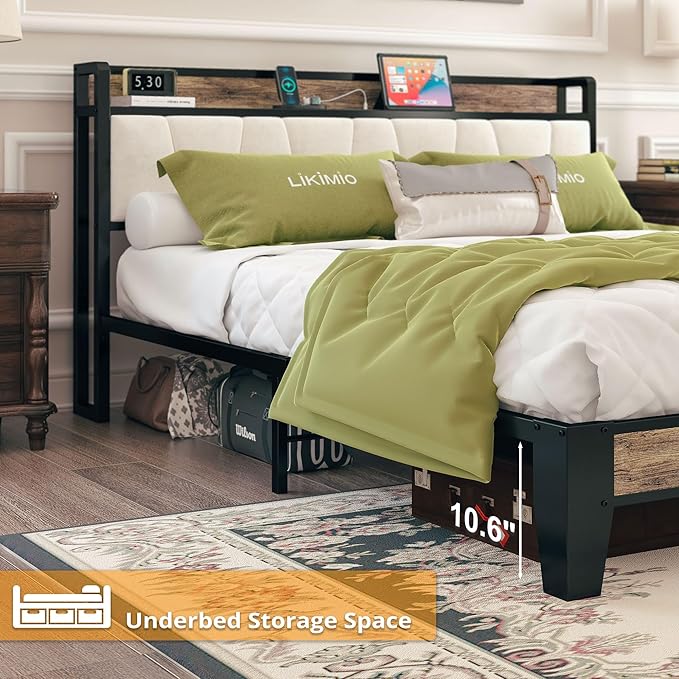 LIKIMIO Full Size Bed Frame, Storage Headboard with Charging Station, Solid and Stable, Noise Free, No Box Spring Needed, Easy Assembly (Walnut and Beige)