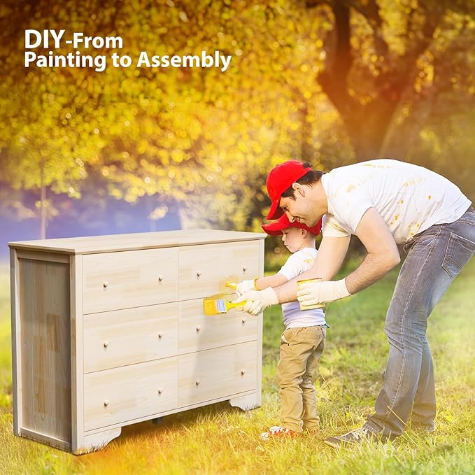 VINGLI Solid Wood Dresser Unfinished for Color DIY, Natural Real Wood Dresser 6 Drawer for Bedroom, 47.16" W*17.72" D*33" H