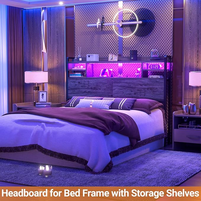 Aheaplus Headboard for Queen Size Bed with Storage, Headboards with LED Light, Power Outlets, USB Ports Queen Size Head Board, Wood headboard Only Sturdy and Stable Headboards, Modern, Black Oak