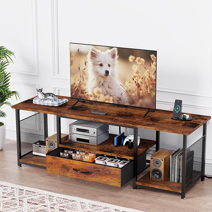 TV Stand with Drawers and Power Outlet for 65 60 55 Inch TV, Entertainment Center with Open Storage Shelves, Industrial Media TV Console Table for Living Room Bedroom Office, Rustic Brown