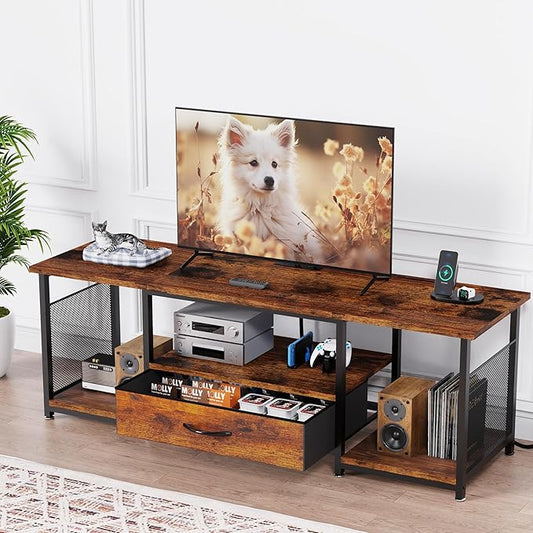 TV Stand with Drawers and Power Outlet for 65 60 55 Inch TV, Entertainment Center with Open Storage Shelves, Industrial Media TV Console Table for Living Room Bedroom Office, Rustic Brown