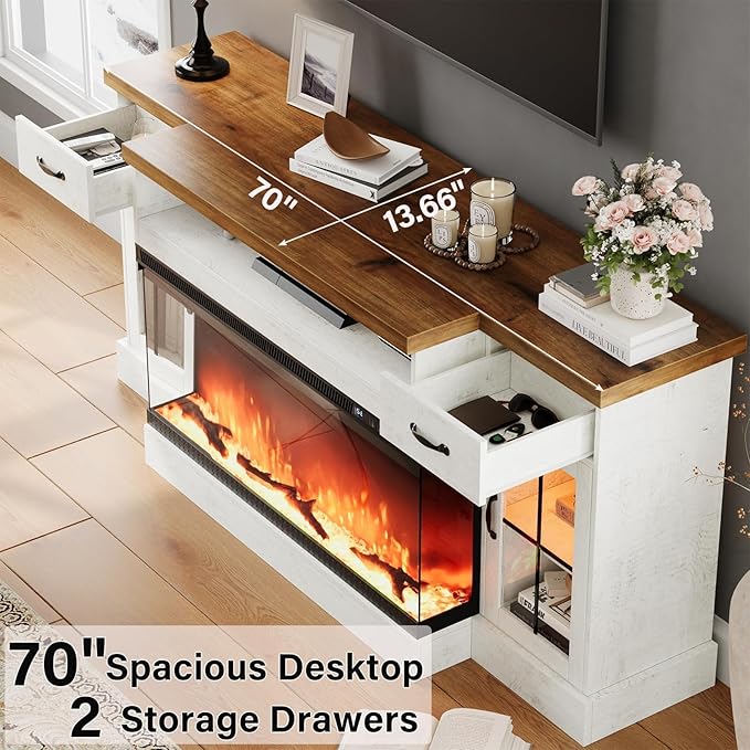 4 EVER WINNER Fireplace TV Stand with 40" Electric Fireplace for 80" TV, 70" Entertainment Center with Adjustable Storage Cabinets, 2 Drawers, TV Consoles for Living Room, White