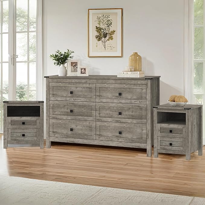 Farmhouse Bedroom Set, 3 Pieces Bedroom Furniture Set, Rustic Wood 6 Drawer Dresser and Nightstands, Chest of Drawers Wide Storage Organizer Cabinet for Bedroom, Light Rustic Grey
