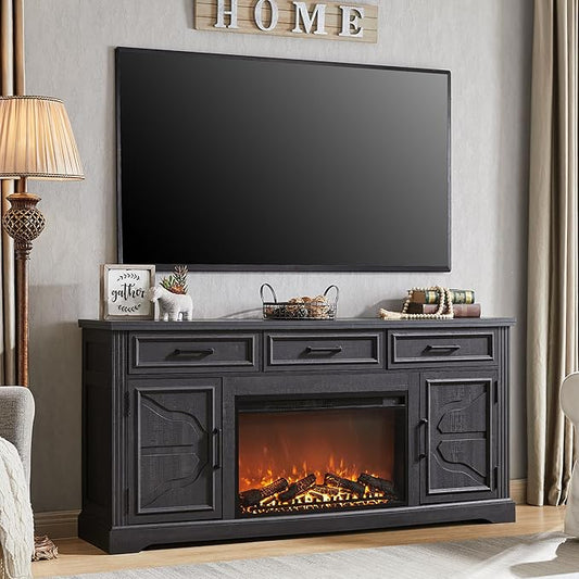 JXQTLINGMU Farmhouse Fireplace TV Stand for Up to 80 Inch TV, Entertainment Center with 30" Electric Fireplace for 65 75 Inch TV, 70" TV Stand with Storage Cabinet Drawer for Living Room (Black)