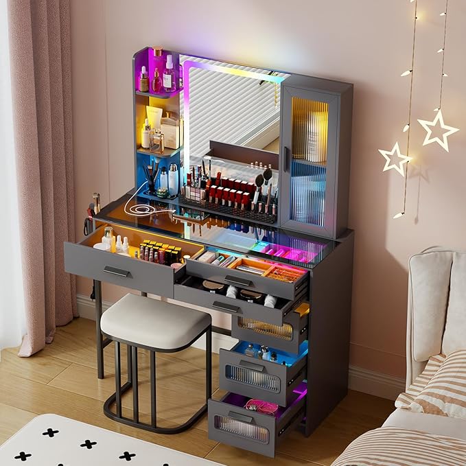 Vanity Desk with Mirror and RGB Lights，Glass top Makeup Vanity Table Set with Stool & Charging Station, Dressing Table with RGB Cabinet,6 Drawers,Lipstick Grid for Bedroom,Grey