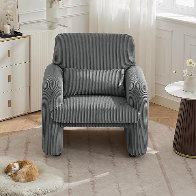 Corduroy Fabric Accent Chairs Set of 2, Modern Upholstered Living Room Chairs with Lumbar Pillow, Wide Comfy Leisure Armchair for Bedroom, Office, Reading, Grey