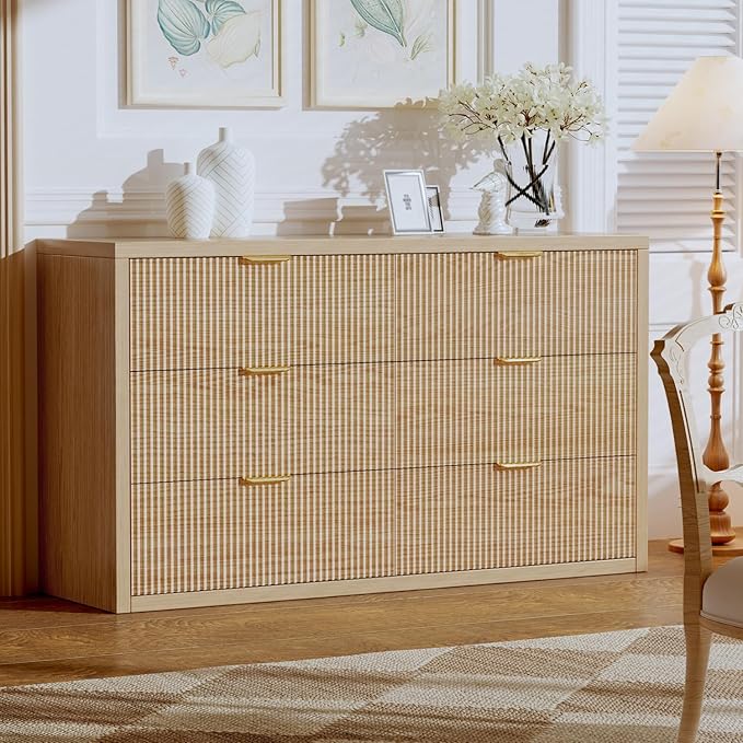 55.12" Modern Chest of Drawer, 6 Deep Drawers,Clothes Organizer,Large Storage Cabinet for Living Room, Bedroom,Dresser TV Stand, Wood Drawer Organizer for Living Room, Hallway, Lumber
