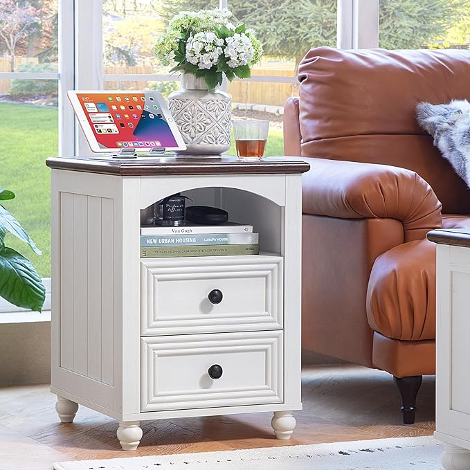 18" Farmhouse Night Stand Set 2 with Charger Station, White 2 & 3 Drawers Wood Nightstand, Bedside End Table with Storage and Roman Column, Bed Side Tables Cabinet for Bedroom, Living Room, and Closet