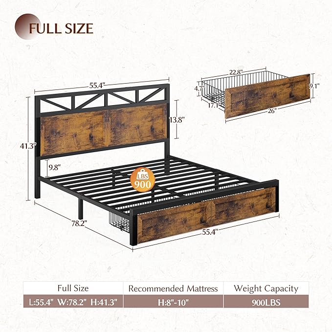 EnHomee Full Size Bed Frame with Headboard and Storage, 2 Drawers & LED Light Built in Charging Station,NO Noise,No Box Spring Needed,Brown