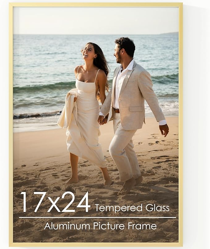 17x24 Metal Picture Frame - Gold Aluminum Picture Frames with Real Glass, Wall Mounting Horizontally or Vertically, Diploma, Certificates and Decor for Wall Gallery 24x17 Frame, Gold