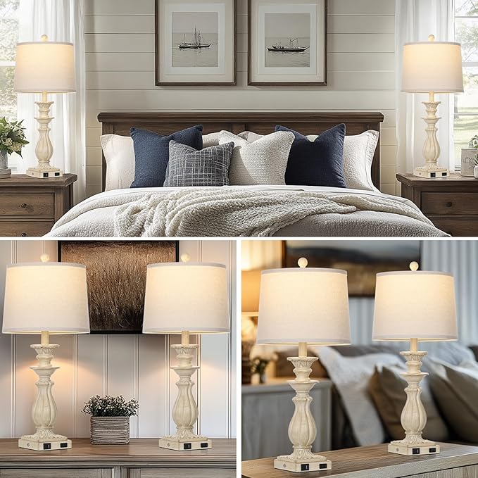 28" Farmhouse Table Lamps Set of 2 for Living Room, 3 Way Dimmable Bedside Lamp with USB C+A Ports & AC Outlet, Resin Vintage Tall Nightstand Lamps for Bedroom Office Hallway, Beige