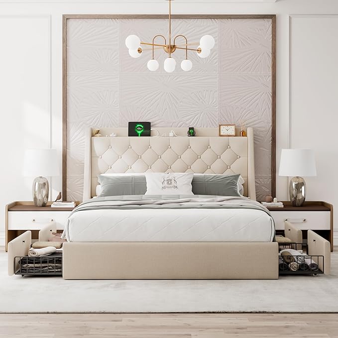 Upholstered Full Size Bed Frame with 4 Storage Drawers, Platform Bed with Wingback Headboard, Charging Station, No Box Spring Needed, Beige