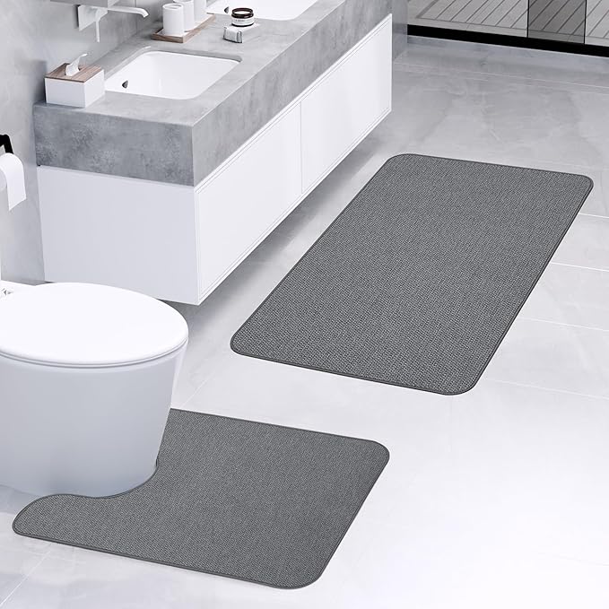 Bathroom Rugs Set 2 Pieces,Thin Bathroom Mats,Toilet Rugs,Quick Dry,Non-Slip,Machine Washable,Low Pile,Absorbent Bath Mats,Shower,Sink,Home Decor Accessories.Dark Grey,1'5"x2'3"+1'8"x2" U Shape