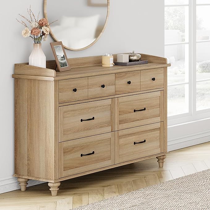 WAMPAT Farmhouse 6 Drawers Dresser for Bedroom, Wooden Chest of Drawers Kids Dresser with Solid Wood Legs, Rustic Storage Dressers Organizer for Living Room & Kids Room, Oak, 47 Inch