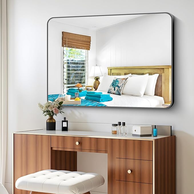 BONEWEI 36x48 inch Bathroom Mirror,Black Rectangle Mirror,Wall Mounted Bathroom Frame Vanity Mirror with Round Corner for Bedroom Living Room, Entryway Hangs Horizontal or Vertical