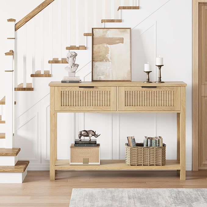 GAOMON Farmhouse Entryway Table,43 Inch Wood Console Table with 2 Drawers,2 Tier Sofa Table with Storage for Living Room, Foyer Tables for Entryway-Burlywood