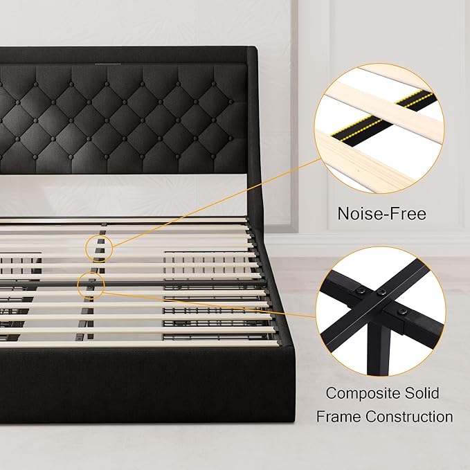 Queen Bed Frame with 4 Storage Drawers, Upholstered Modern Bed Frame with Wingback Headboard, Charging Station, No Box Spring Needed, Easy Assembly, Black