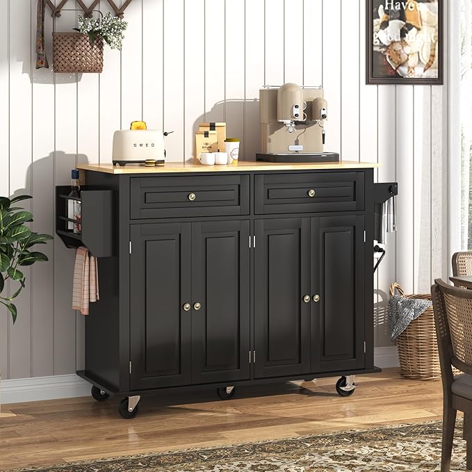 51.2" Movable Kitchen Island with Drop Leaf and Power Outlet, Rolling Island Cart w/Storage Cabinet, Island Table on Wheels for Kitchen w/2 Drawers, Spice Rack, Towel Bar, Garage Hook, Black