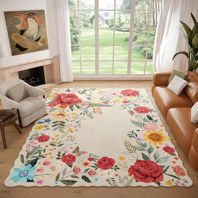 8'x10' Washable Rugs for Living Room, Soft Lightweight Non Slip Stain Resistant Dining Room Vintage Boho Floral Beige Rug Easy Clean Throw Carpet for Bedroom