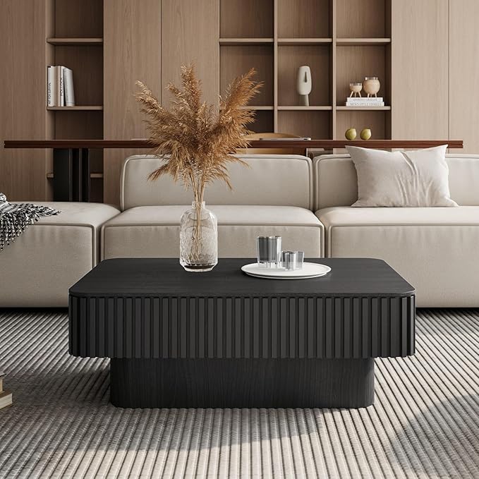 Lift Top Coffee Table for Living Room, Accent Fluted Coffee Table with Storage, Modern Solid Wood Veneered Rectangle Center Tea Table for Small Space Apartment (38.6''L×14''H-Black)