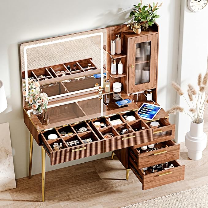 Vanity Desk with 29.53" HD Lighted Mirror, 47.24" Big Modern Vanity Desk with Mirror and Lights, Makeup Vanity with 5 Drawers and Storage Shelves and Charging Station, Walnut1