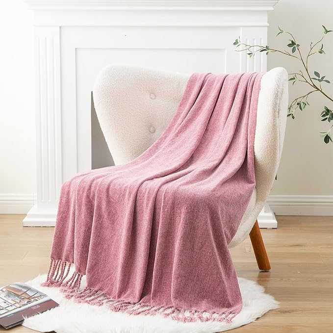 BATTILO HOME Chenille Throw Blanket for Couch, Soft Cozy Throw Blanket with Fringe Tassels, Lightweight Knitted Throw for Spring Summer, Pink, 50"x60"