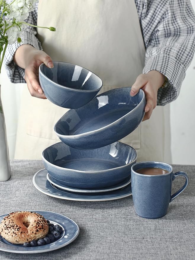 Famiware Plates and Bowls Sets, 12 Piece Dinnerware Sets for 4, Aurora Irregular Handmade Stoneware Dishes Set, Reactive Glaze, Microwave & Dishwasher Safe, Scratch-resistant, Lagoon Blue