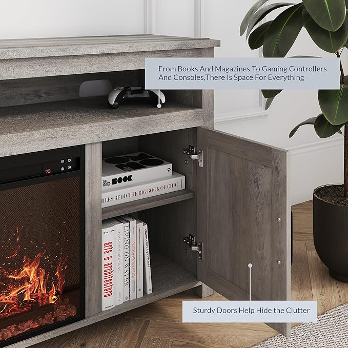 BELLEZE Barn Door Wood Electric Fireplace TV Stand for TVs up to 65 Inches Open Shelves and Cabinets Media Entertainment Center Console Table - Corin (Gray Wash)