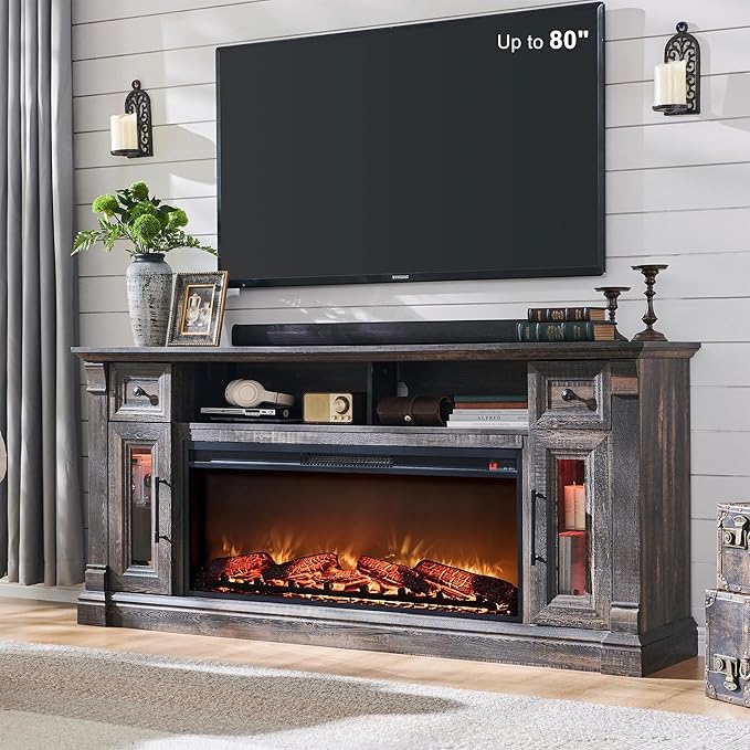 OKD Farmhouse Fireplace TV Stand for 80 Inch TV, Entertainment Center with 42" Fireplace & LED Lights, Modern Media Console Table with Storage Drawers & Cabinets for Living Room, Dark Rustic Oak