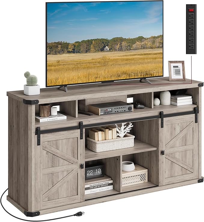 VASAGLE TV Stand for TVs up to 65 Inches, Farmhouse Entertainment Center with Sliding Barn Doors, TV Console Table for Living Room, Heather Greige ULTV322K02
