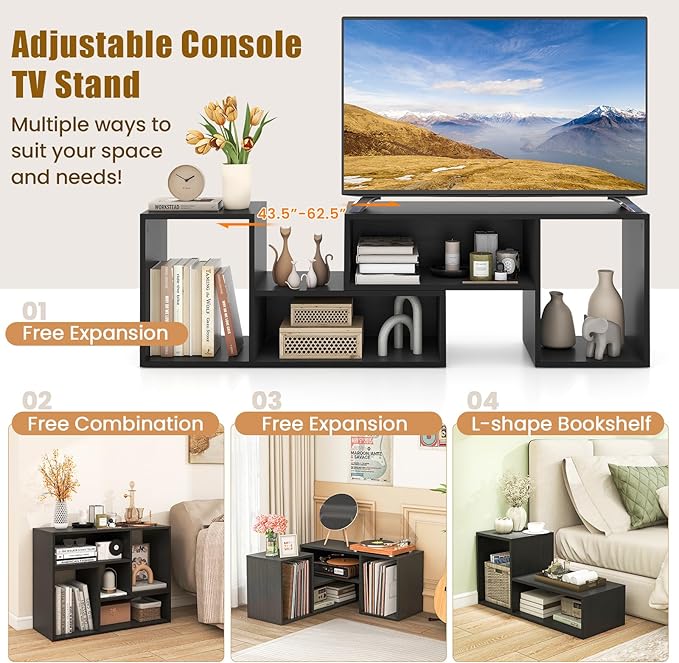 GOFLAME 2 Pieces TV Stand, Modern Entertainment Center for TVs up to 55 Inches, Free Combination Bookcase for Storage & Display, TV Console Table for Living Room, Bedroom, Black