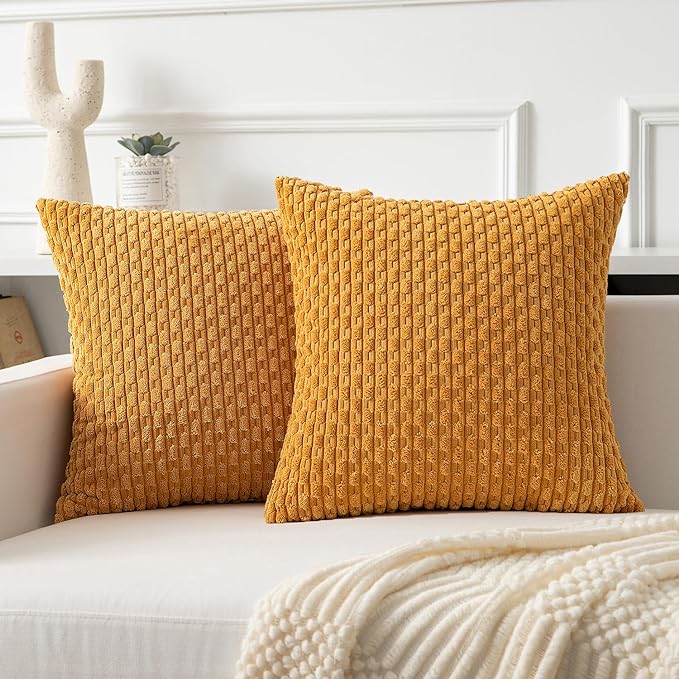 Kevin Textile Throw Pillow Covers Soft Corduroy Decorative Set of 2 Boho Striped Pillow Covers Pillowcases Farmhouse Home Decor for Couch Bed Sofa Living Room 16x16 Inch Golden Yellow