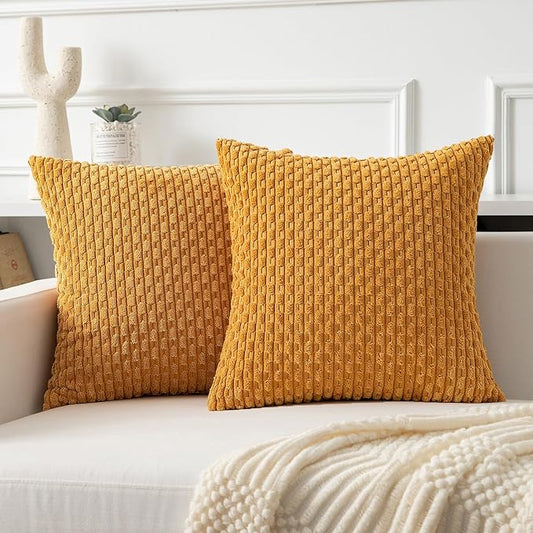 Kevin Textile Throw Pillow Covers Soft Corduroy Decorative Set of 2 Boho Striped Pillow Covers Pillowcases Farmhouse Home Decor for Couch Bed Sofa Living Room 26x26 Inch Golden Yellow