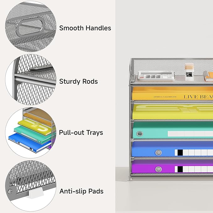 6 Tier Paper Organizer with Handle, Metal Desk Organizer Mesh Paper Letter Tray Desktop File Folder Document Sorter for Classroom, School, Office Accessories Organization and Storage - Silver
