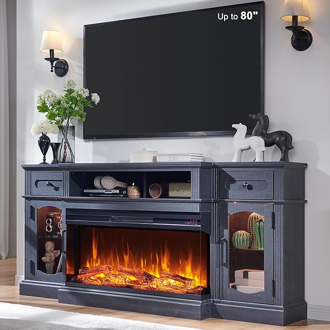 Farmhouse Electric Fireplace TV Stand for TVs up to 80", Entertainment Center with 36" 3-Sided Glass Electric Fireplace & LED Lights, 70-inch TV Console for Living Room, Black