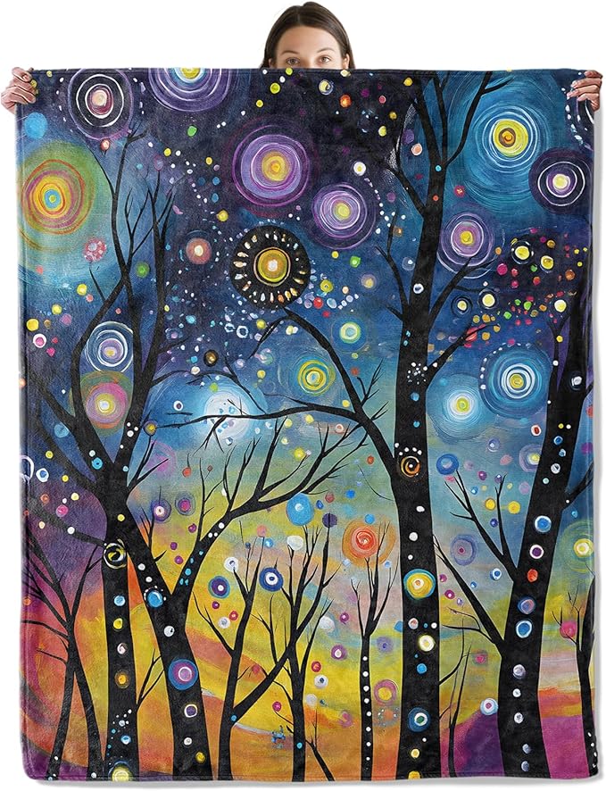 Abstract Starry Forest Blanket, Cozy Flannel Colorful Night Sky Throw Blanket for Couch Outdoor, Plush Soft Lightweight Travel Blankets for Bed Decor and Gifts, for Women Kids Adults 40"x50"
