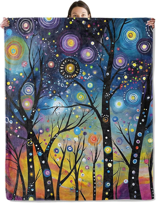 Abstract Starry Forest Blanket, Cozy Flannel Colorful Night Sky Throw Blanket for Couch Outdoor, Plush Soft Lightweight Travel Blankets for Bed Decor and Gifts, for Women Kids Adults 40"x50"