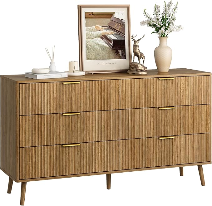 CARPETNAL Fluted 6 Double Drawers Dresser for Bedroom, 55”Wide Modern Chest of Drawers with Deep Drawers,Curved Profile Design, Wood Drawer Organizer for Bedroom Living Room, Hallway, Natural Oak