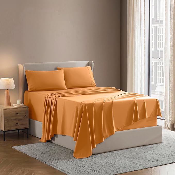 Nestl Short Queen Sheet Set - 1800 Ultra-Soft Microfiber - Double Brushed - Deep Pockets - Easy Fit - 4 Piece Set - Bed Sheets (Short Queen, Light Orange)