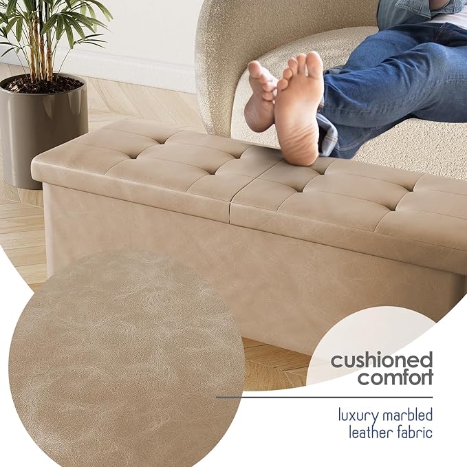 STORAGEBUD Storage Ottoman Bench with Bins, 43-in Storage Bench for Bedroom End of Bed, Folding Foot Rest Ottoman for Living Room Max 660lbs, Faux Leather Ottomans, Taupe