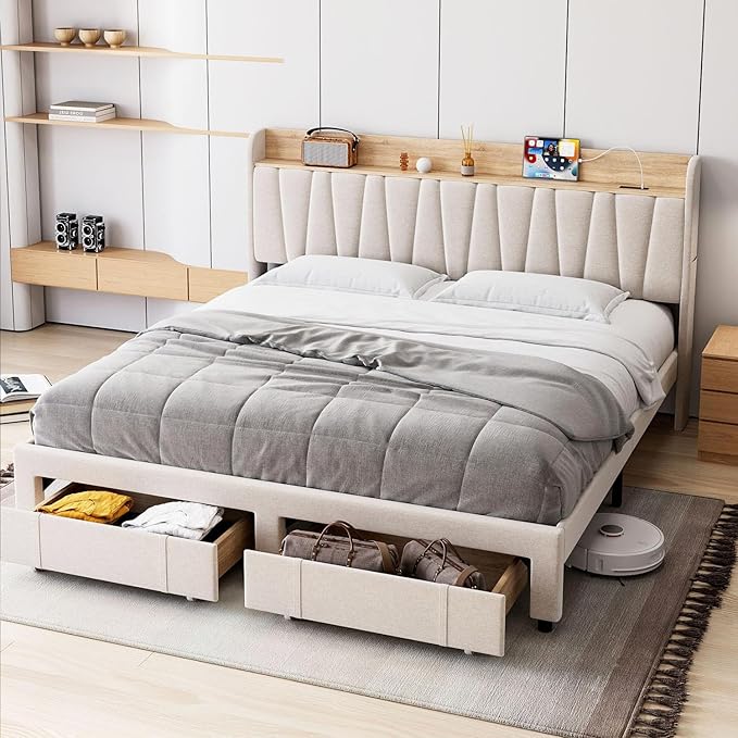 GarveeHome Bed Frame with Storage Headboard, Upholstered Platform Beds with Drawers, Charging Station, Noise-Free, No Box Spring Needed, Easy Assembly, Beige