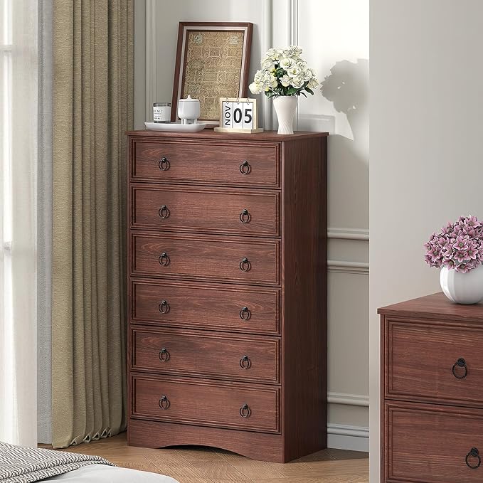 Cherry Wood Dresser 52" Tall for Bedroom, Wood 6 Chest Drawers, 6 Drawer Dresser, Storage for Clothes, Narrow Large Drawers, Vintage, for Living Room, Bedroom, Hallway