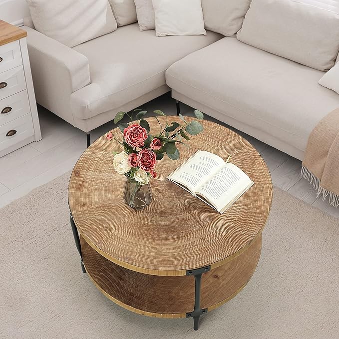 Round Boho Wood Coffee Table - 29.1" Farmhouse Natural Circle Wooden 2-Tier Coffee Tables Living Room Furniture, 29.1" D x 18.3" H, Natural Wood Color