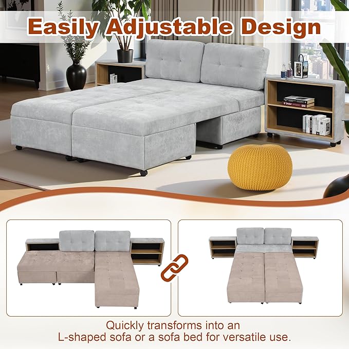 121.2" Sectional Couch, Versatile Sofa Bed Modular Sofa with Two Storage Racks, Sectional Couches for Living Room and Office, Grey