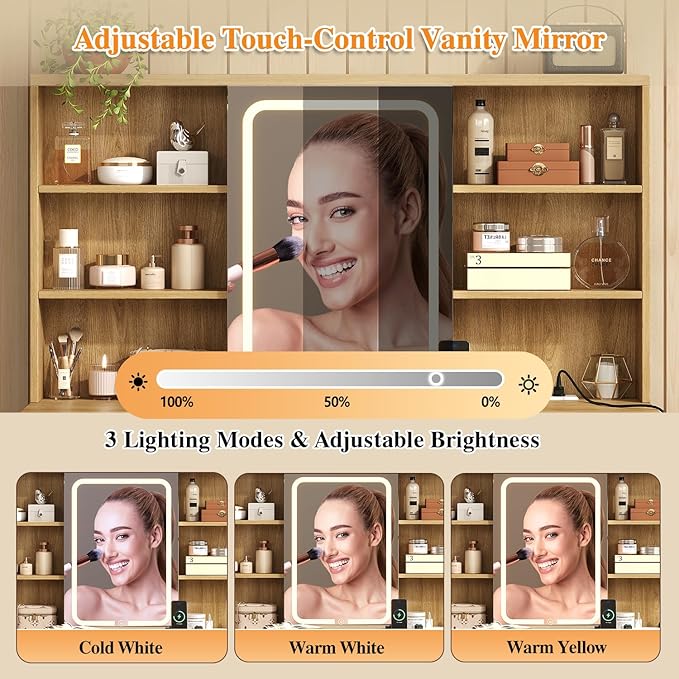 47'' W Large Vanity Desk with Mirror and Lights, 8 Storage Shelves 7 Drawers Vanity Table, Big Makeup Vanity Desk with 3 Lighting Modes, Vanity Dresser with Charging Station, Sliding Mirror (Natural)