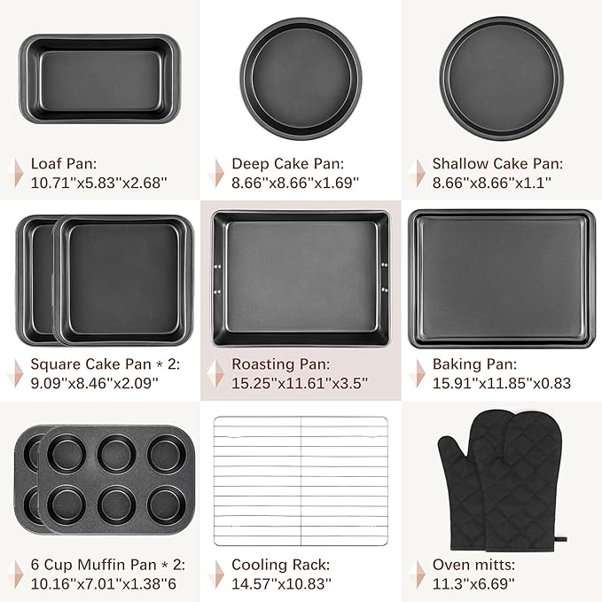 12PCS Nonstick Baking Pans Set - Stackable Bakeware Sets with Wider Grip, Carbon Steel Baking Set Including Cookie Sheets for Baking, Muffin Pan, Loaf Pan, Cake pan, Roasting Pan, Oven Mitts